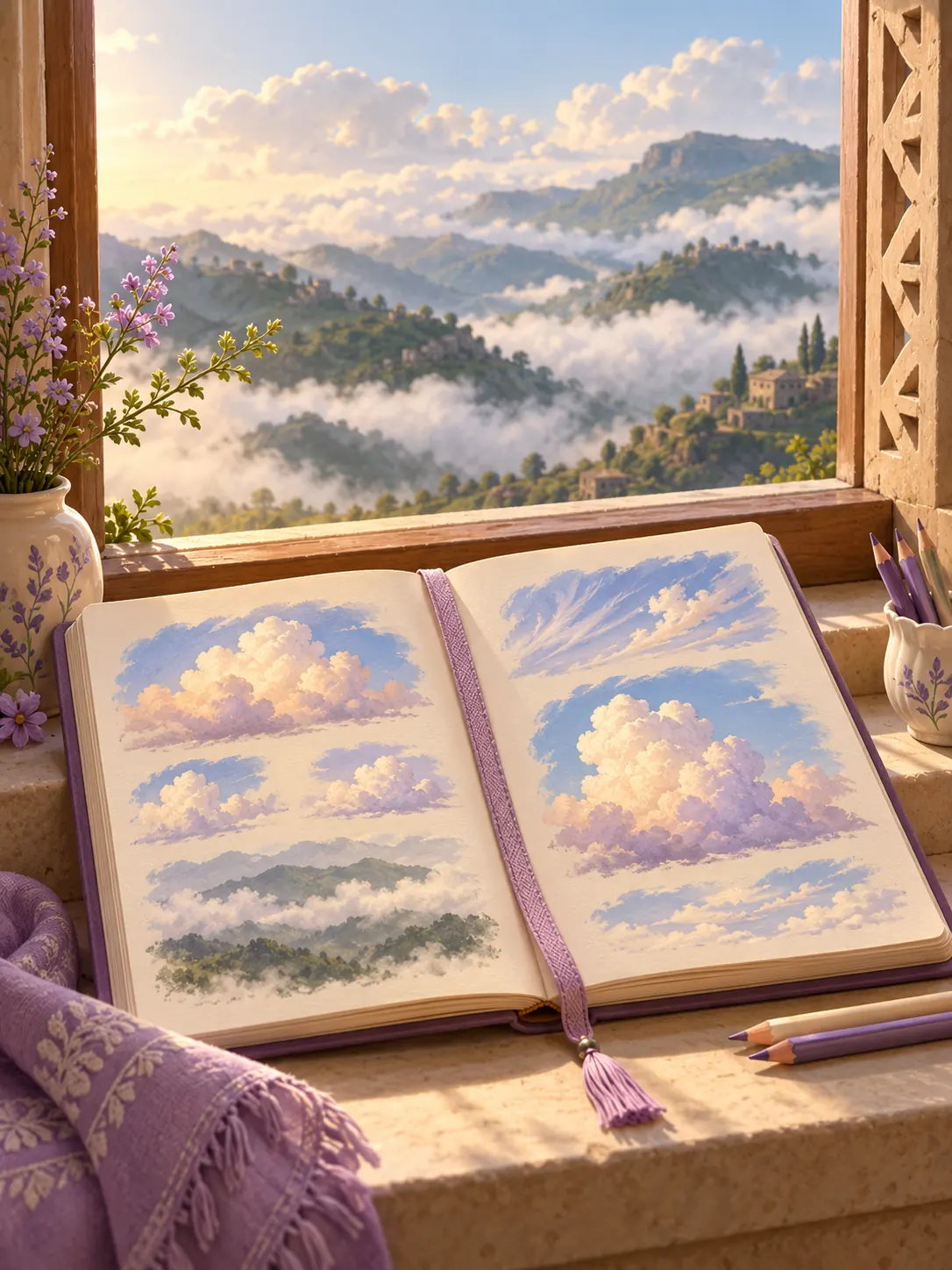 دفتر أمل لرسومات الغيم بجوار نافذة تطل على جبال أبها