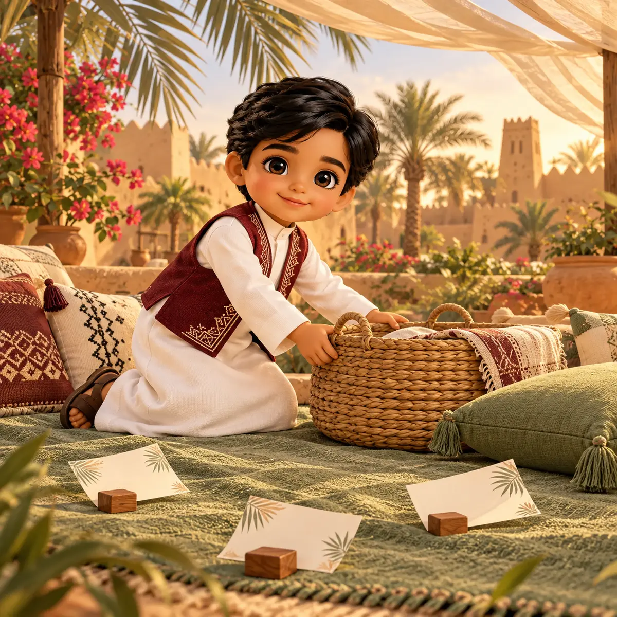 سعود يحرك سلة النزهة ليفسح مكانًا لوسادة على البساط الأخضر